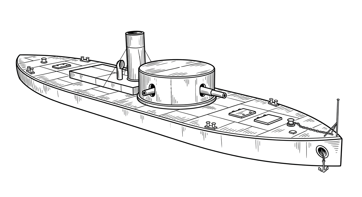 Engraved line drawing of the USS Tecumseh