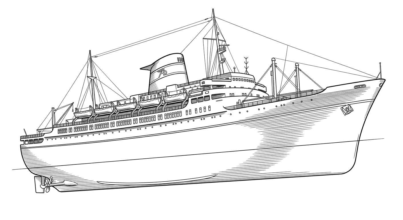 Engraved line drawing of the SS Andrea Doria