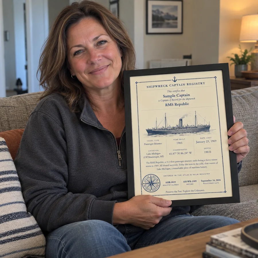 Atlas & Helm Captain displaying a framed shipwreck certificate, portrait 37