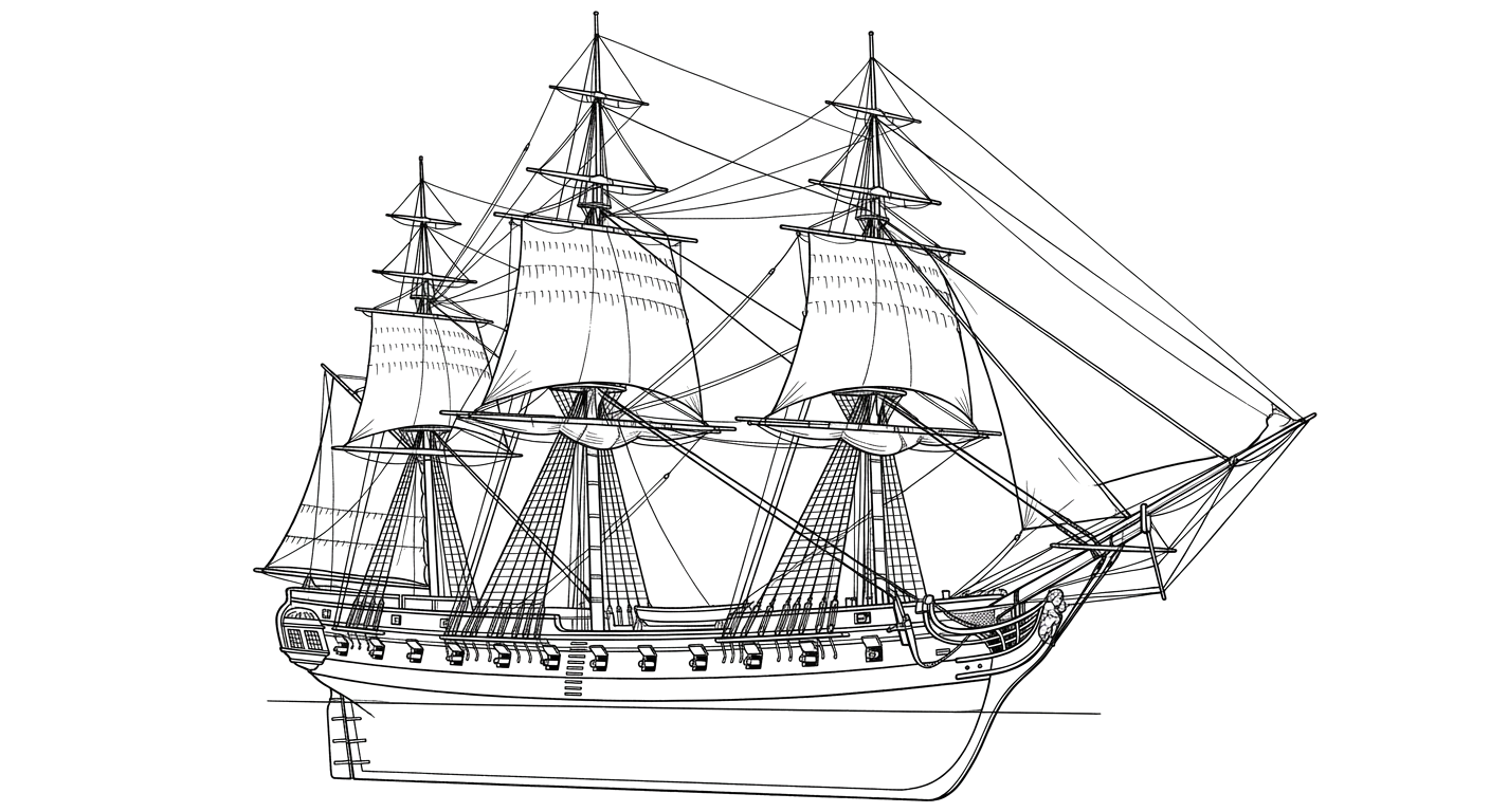 Engraved line drawing of the USS Confiance