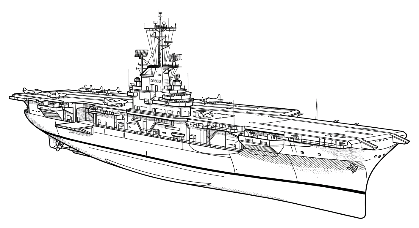 Engraved line drawing of the USS Oriskany