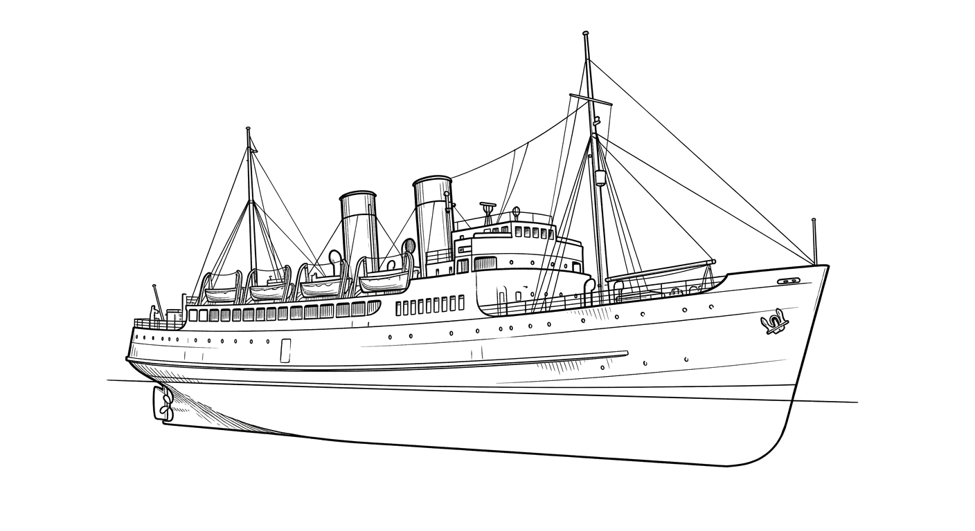 Engraved line drawing of the MV Maverick