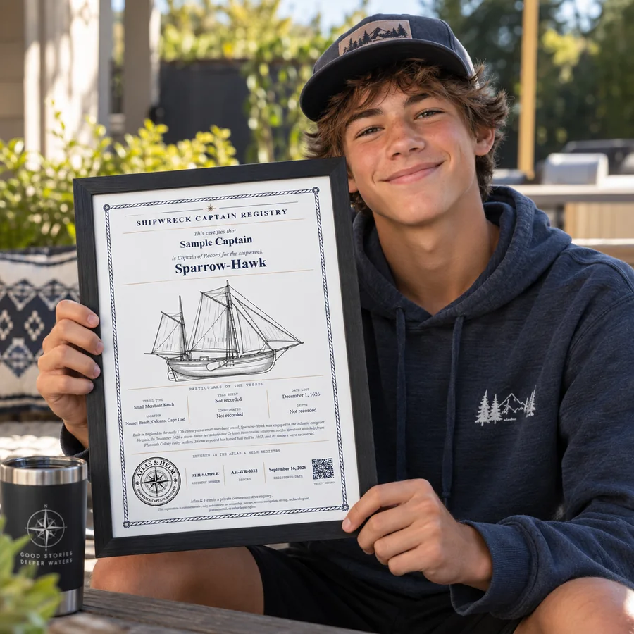 Atlas & Helm Captain displaying a framed shipwreck certificate, portrait 7