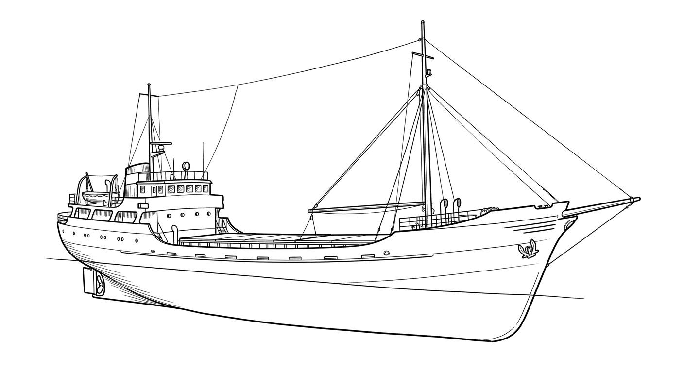 Engraved line drawing of the Sha Sha Boekanier