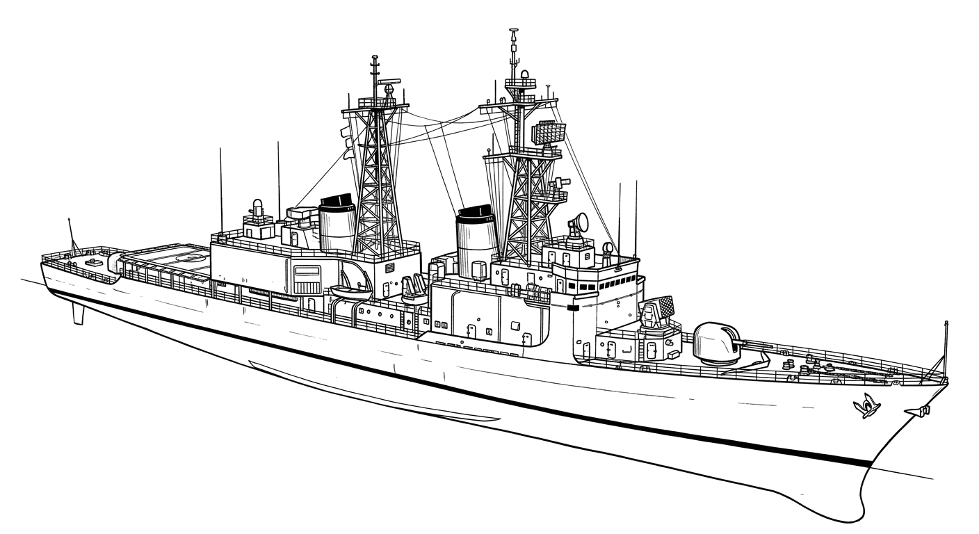 Engraved line drawing of the USS Arthur W. Radford