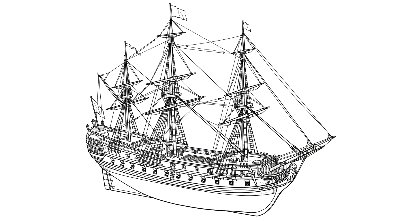 Engraved line drawing of the HMS Feversham