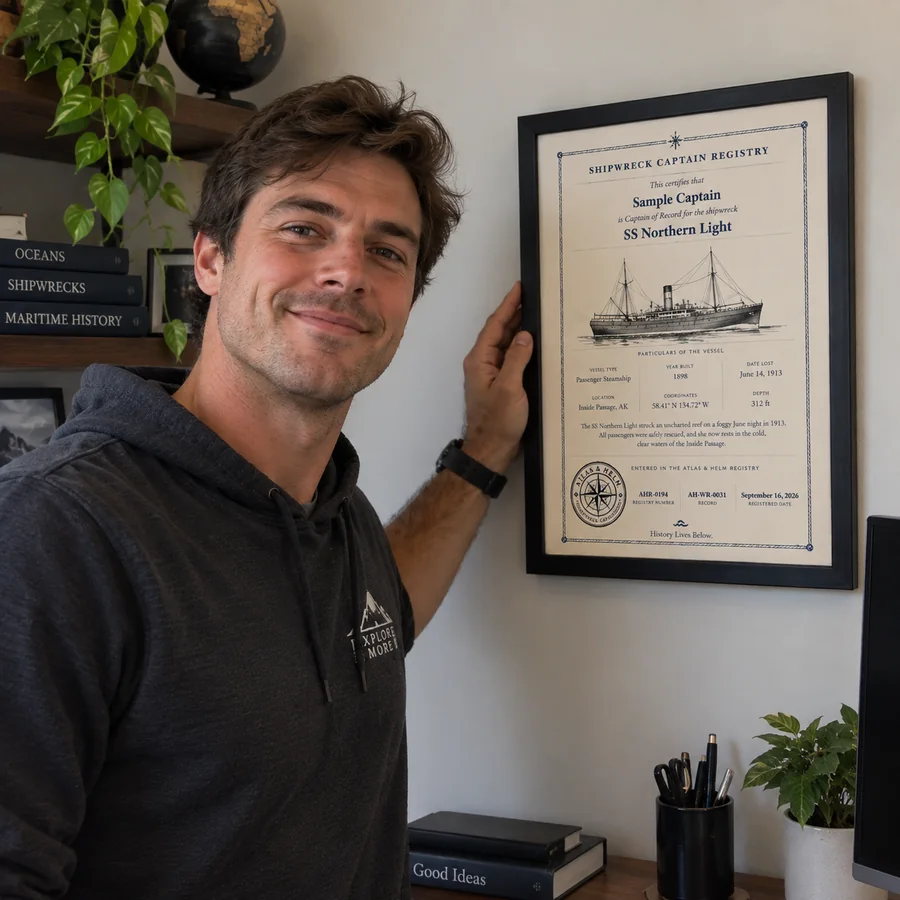 Atlas & Helm Captain displaying a framed shipwreck certificate, portrait 22