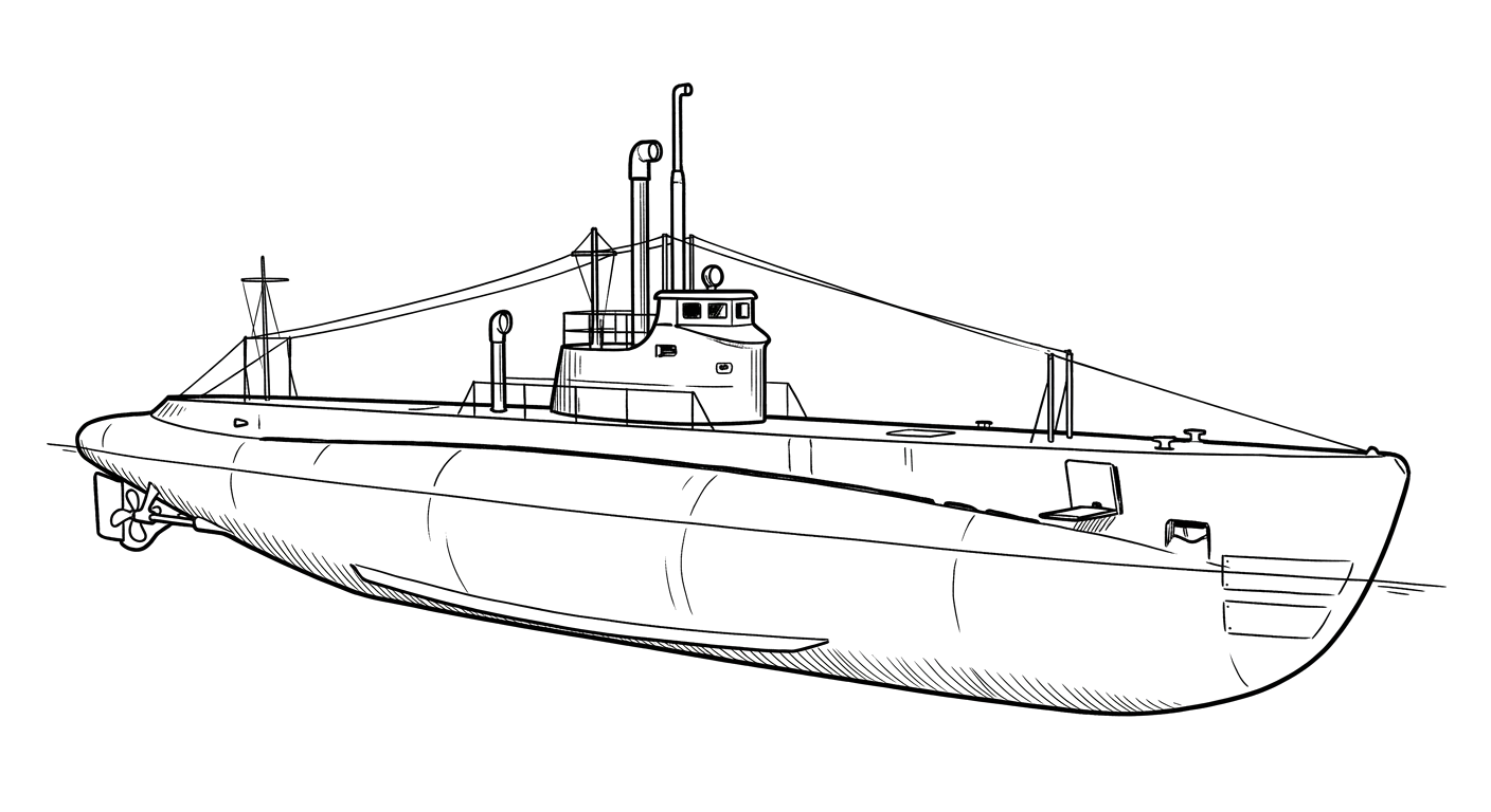 Engraved line drawing of the USS H-1 (Seawolf)