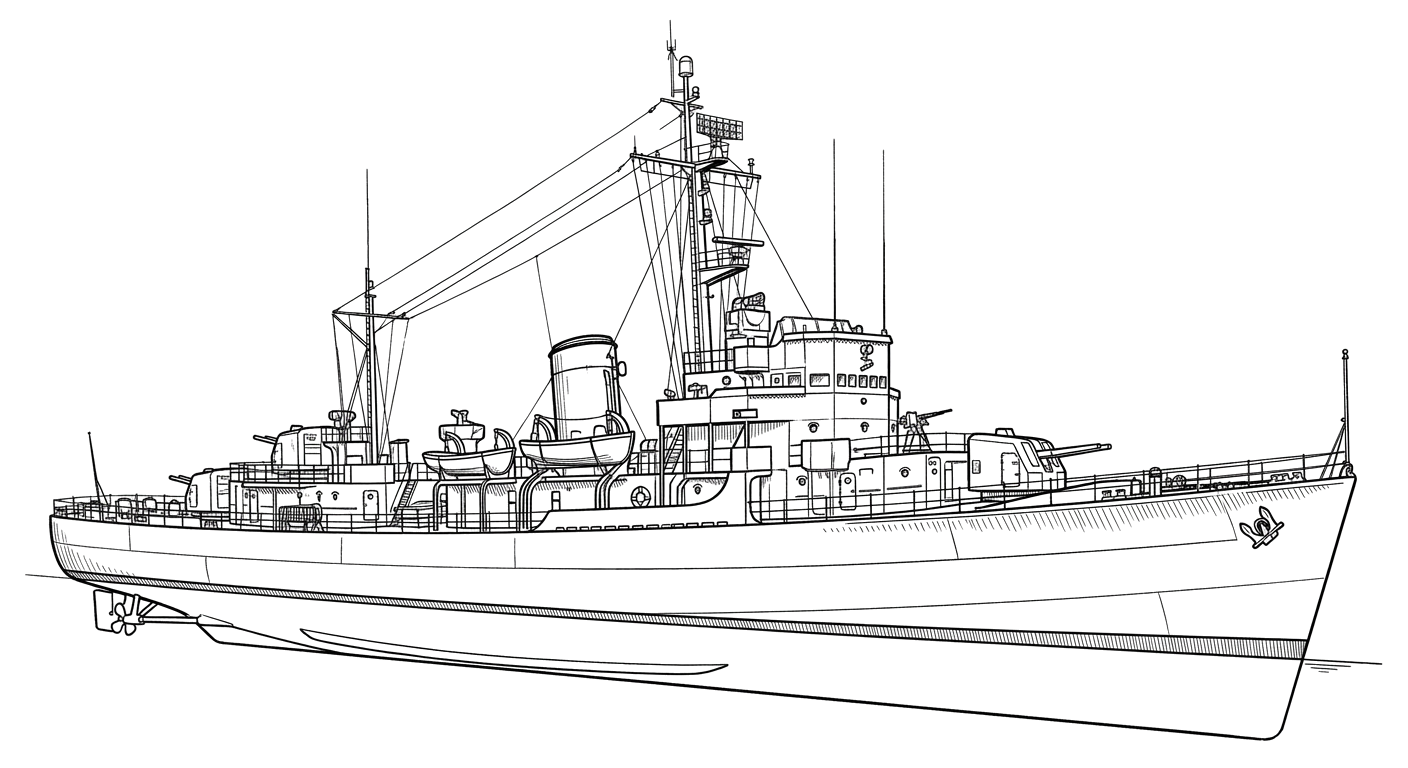 Engraved line drawing of the HMCS Columbia