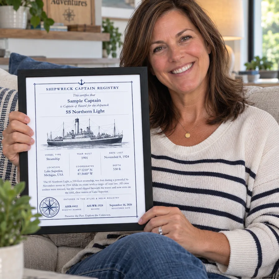 Atlas & Helm Captain displaying a framed shipwreck certificate, portrait 49