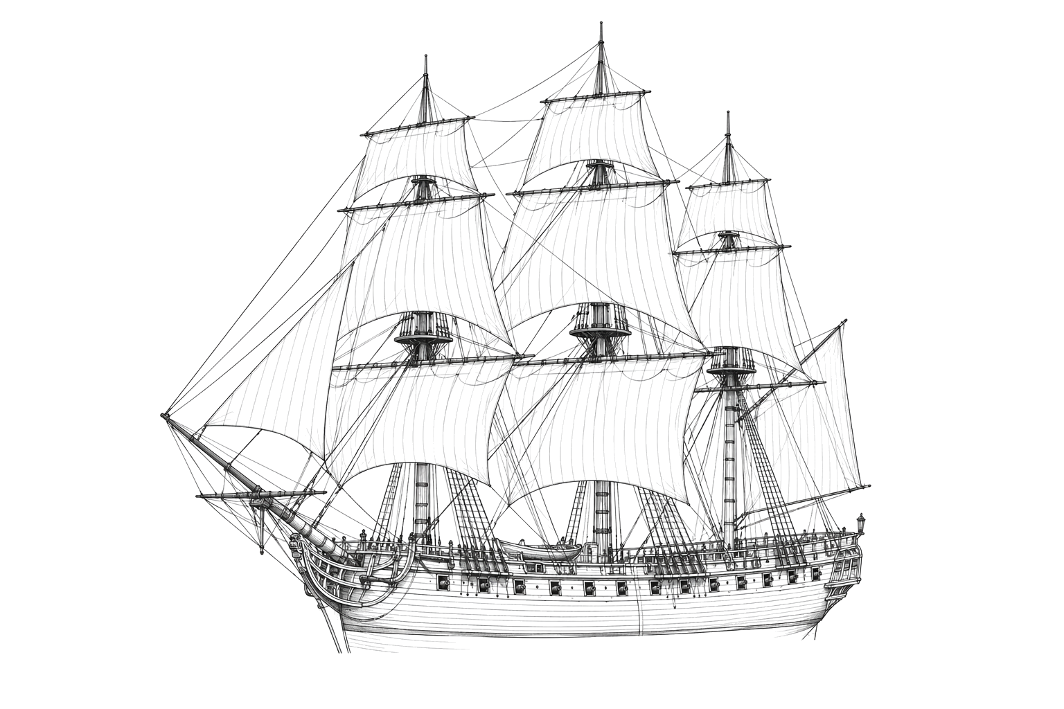 Engraved line drawing of the HMS Juno