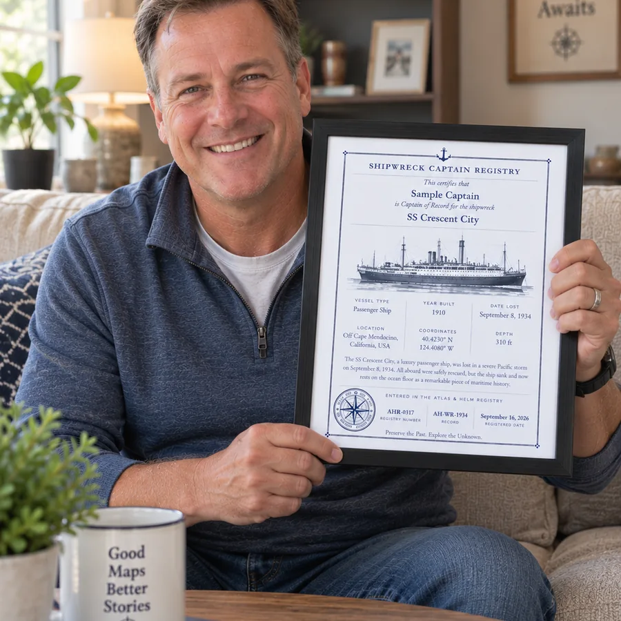 Atlas & Helm Captain displaying a framed shipwreck certificate, portrait 50
