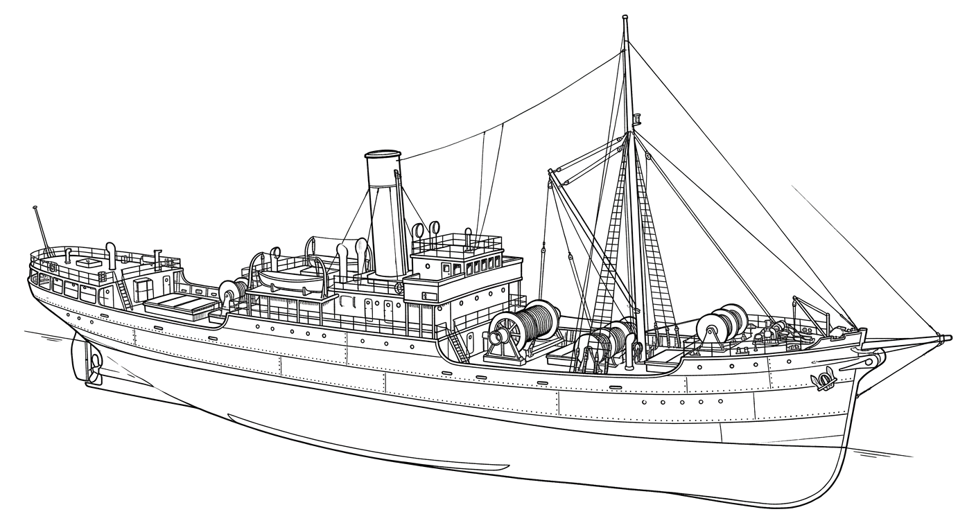 Engraved line drawing of the USS Kailua
