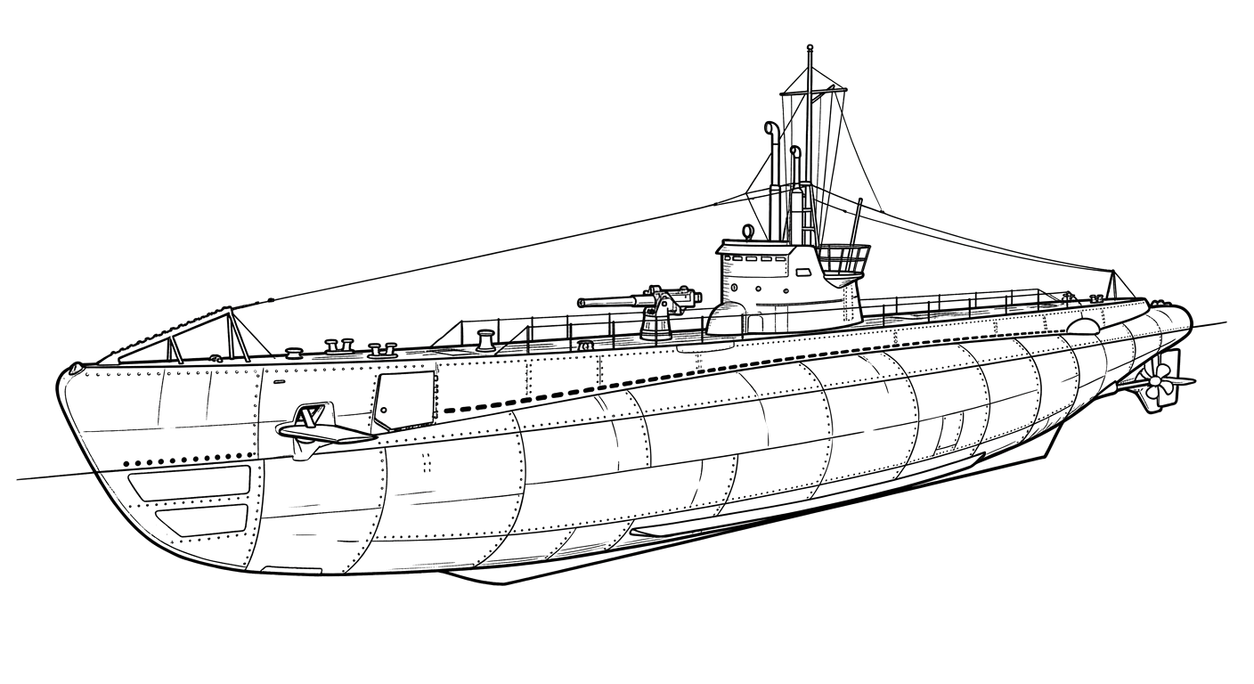 Engraved line drawing of the USS S-5