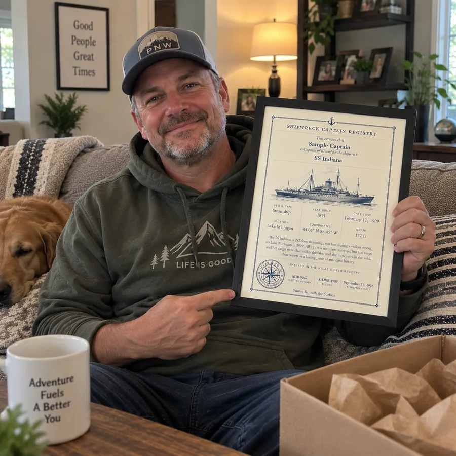 Atlas & Helm Captain displaying a framed shipwreck certificate, portrait 35