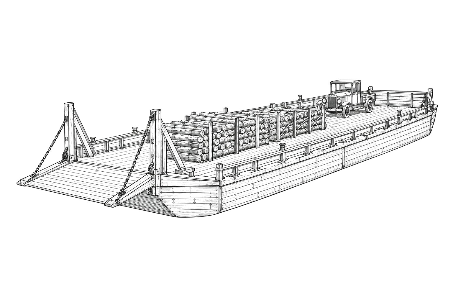 Engraved line drawing of the Emerald Bay Barge I