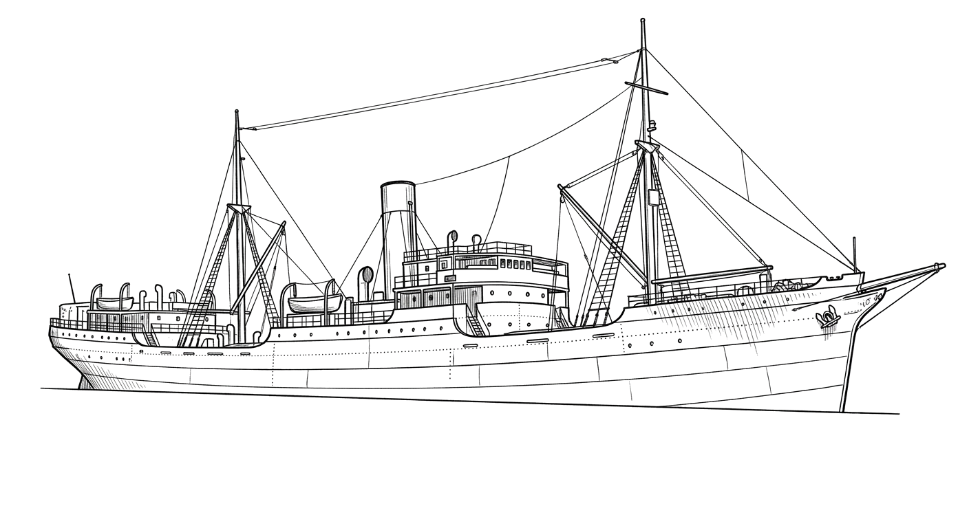 Engraved line drawing of the SS Halsey