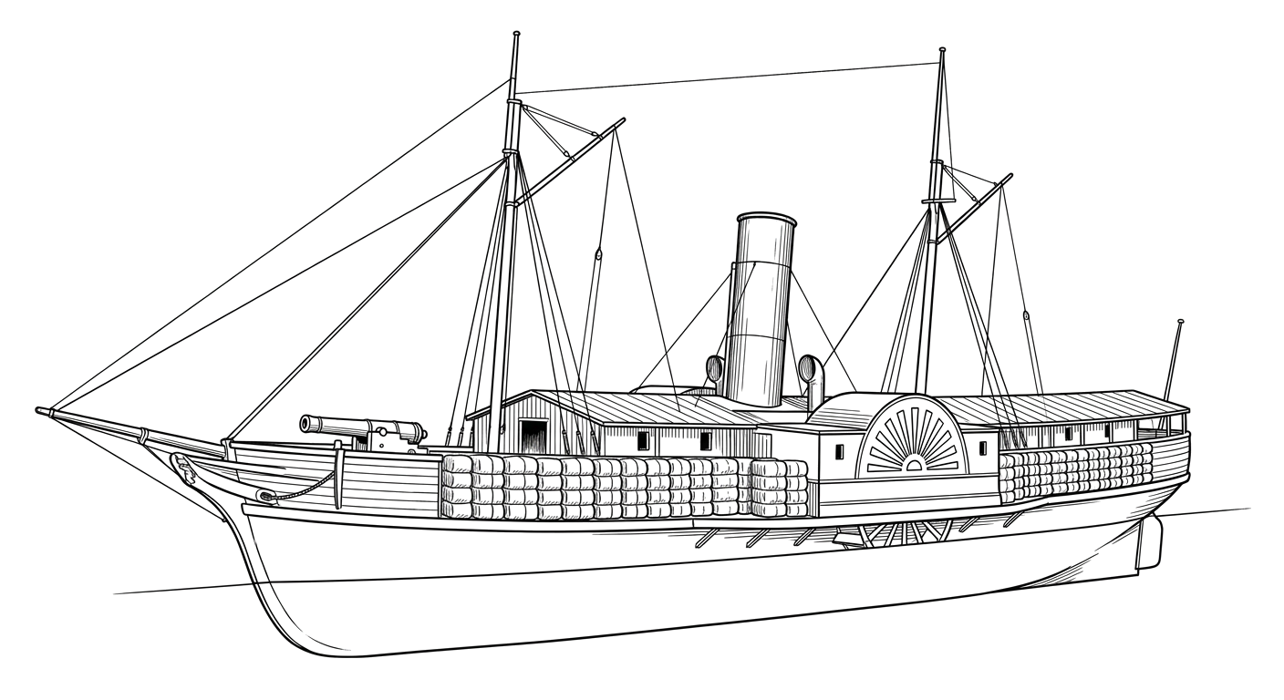 Engraved line drawing of the CSS Bayou City