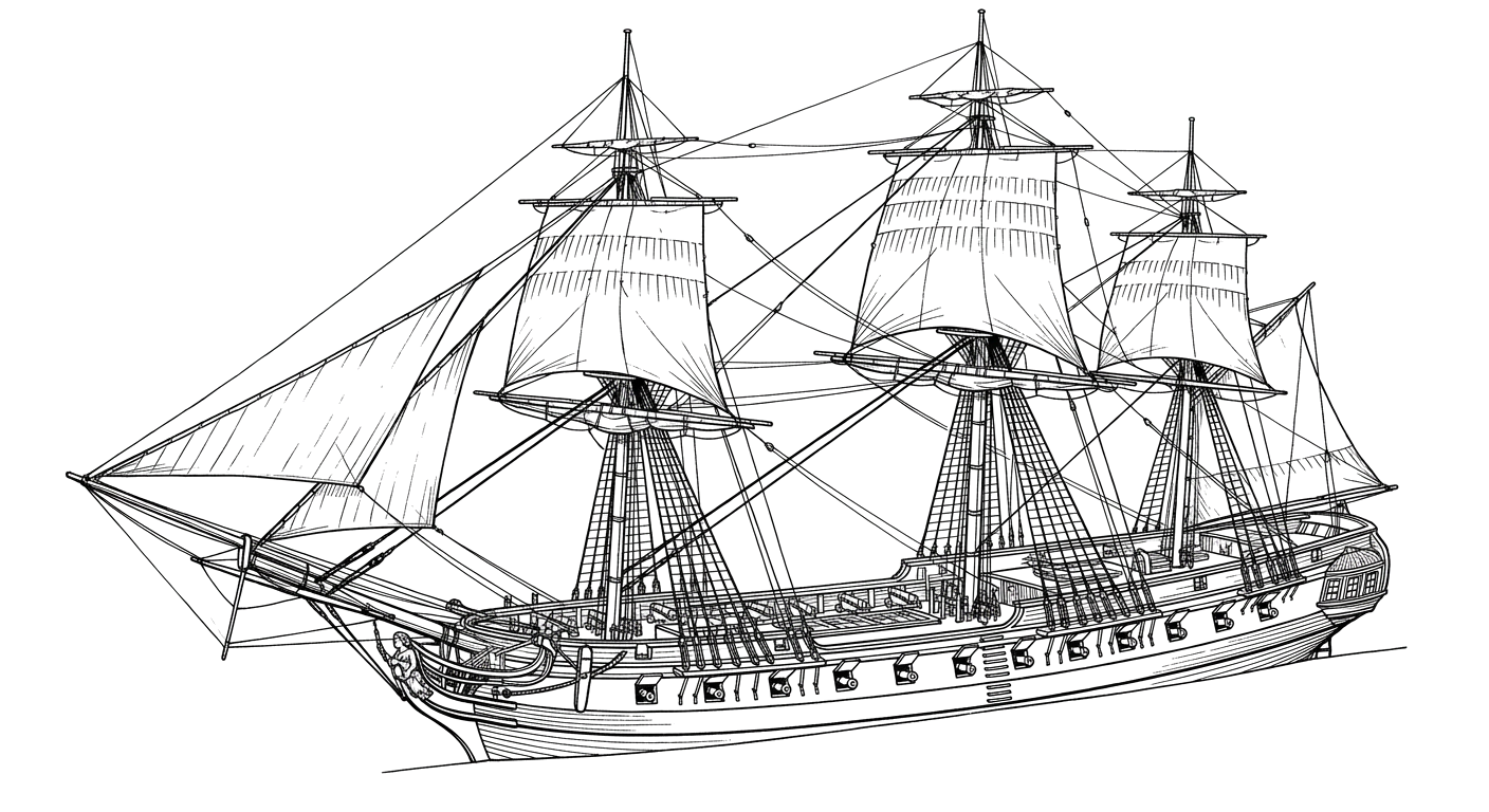 Engraved line drawing of the USS Warren