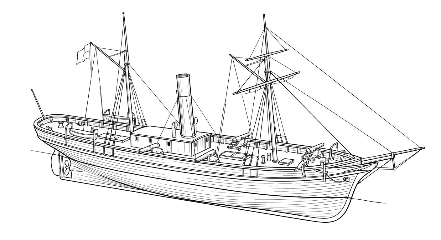 Engraved line drawing of the USS Dai Ching