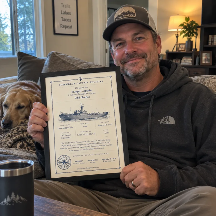 Atlas & Helm Captain displaying a framed shipwreck certificate, portrait 33