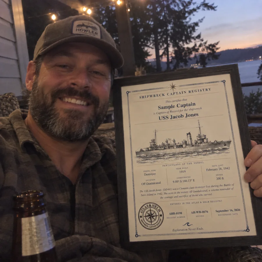 Atlas & Helm Captain displaying a framed shipwreck certificate, portrait 16