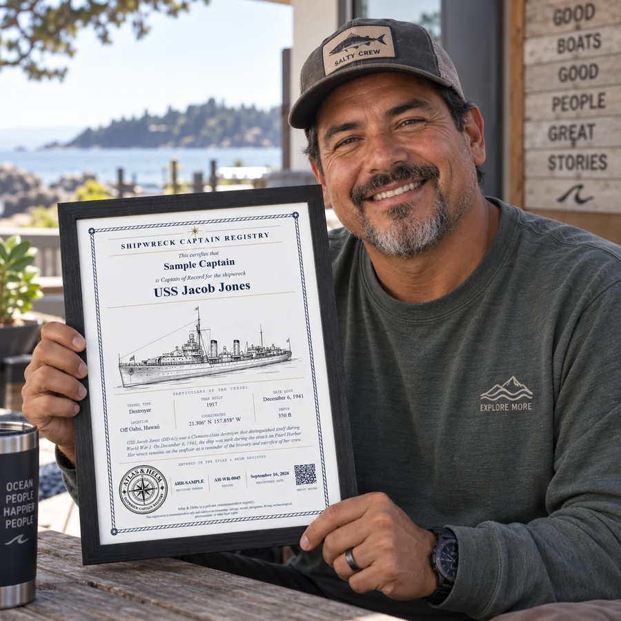 Atlas & Helm Captain displaying a framed shipwreck certificate, portrait 11