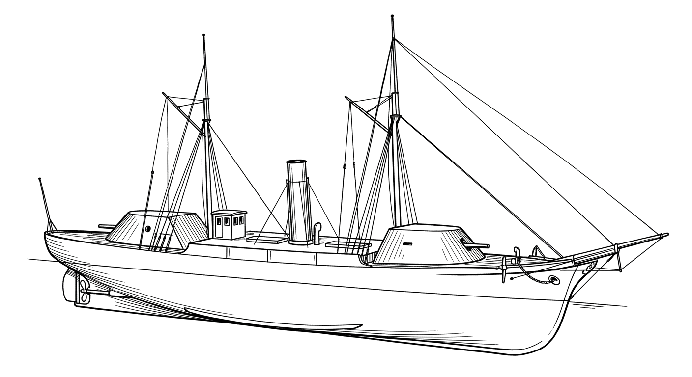 Engraved line drawing of the USS Keokuk