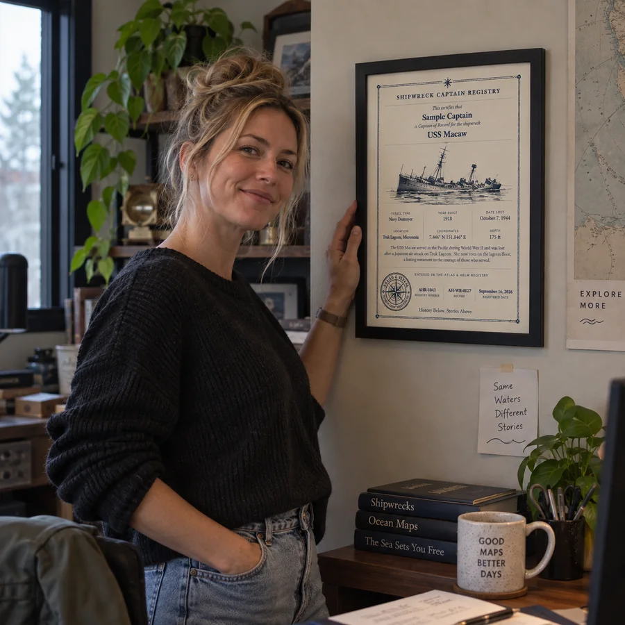 Atlas & Helm Captain displaying a framed shipwreck certificate, portrait 25