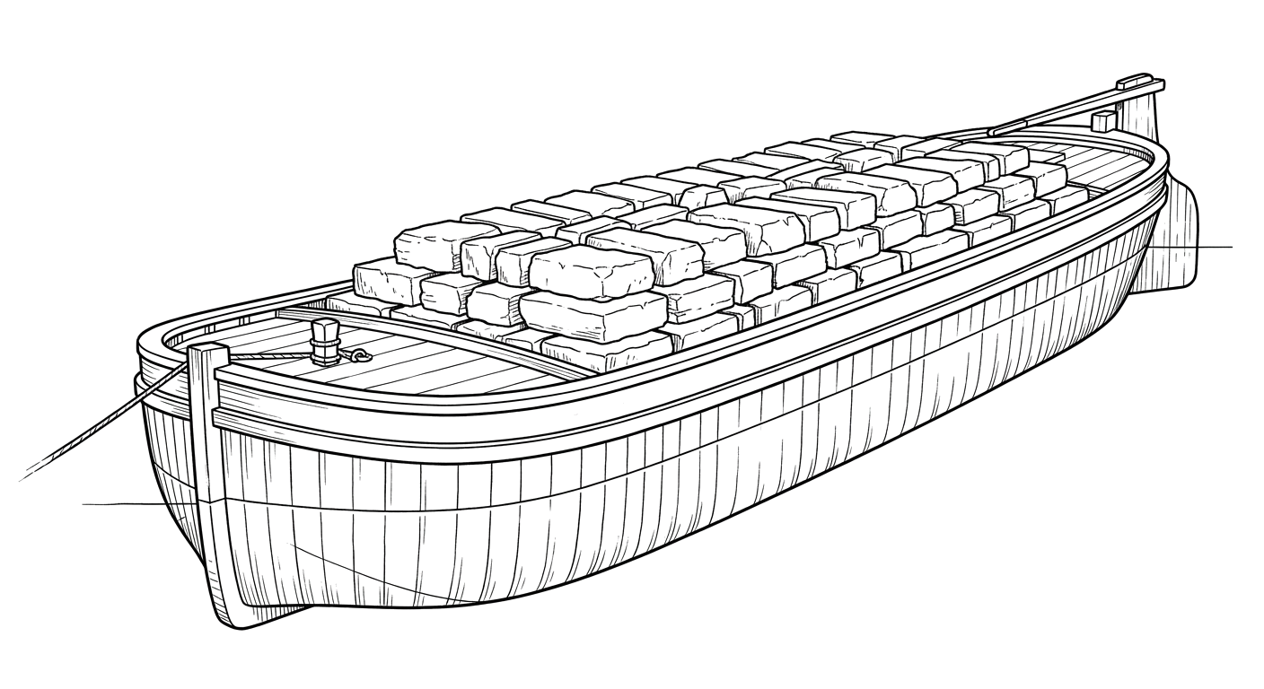 Engraved line drawing of the Diamond Island Stone Boat