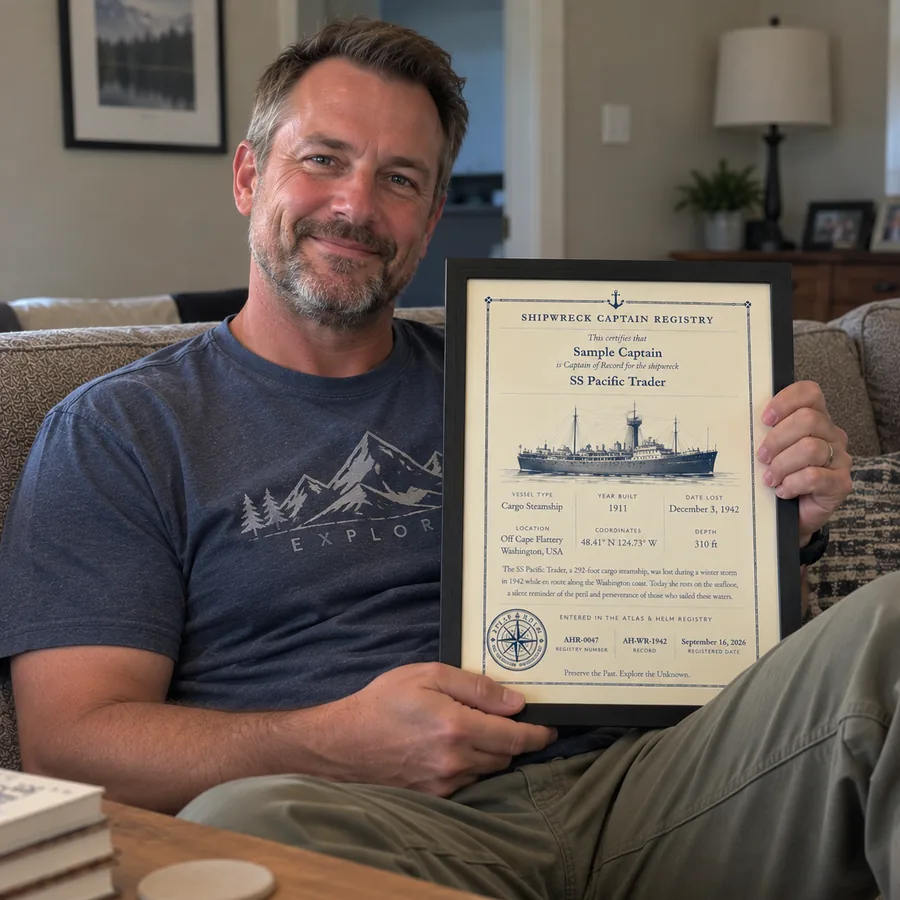 Atlas & Helm Captain displaying a framed shipwreck certificate, portrait 36