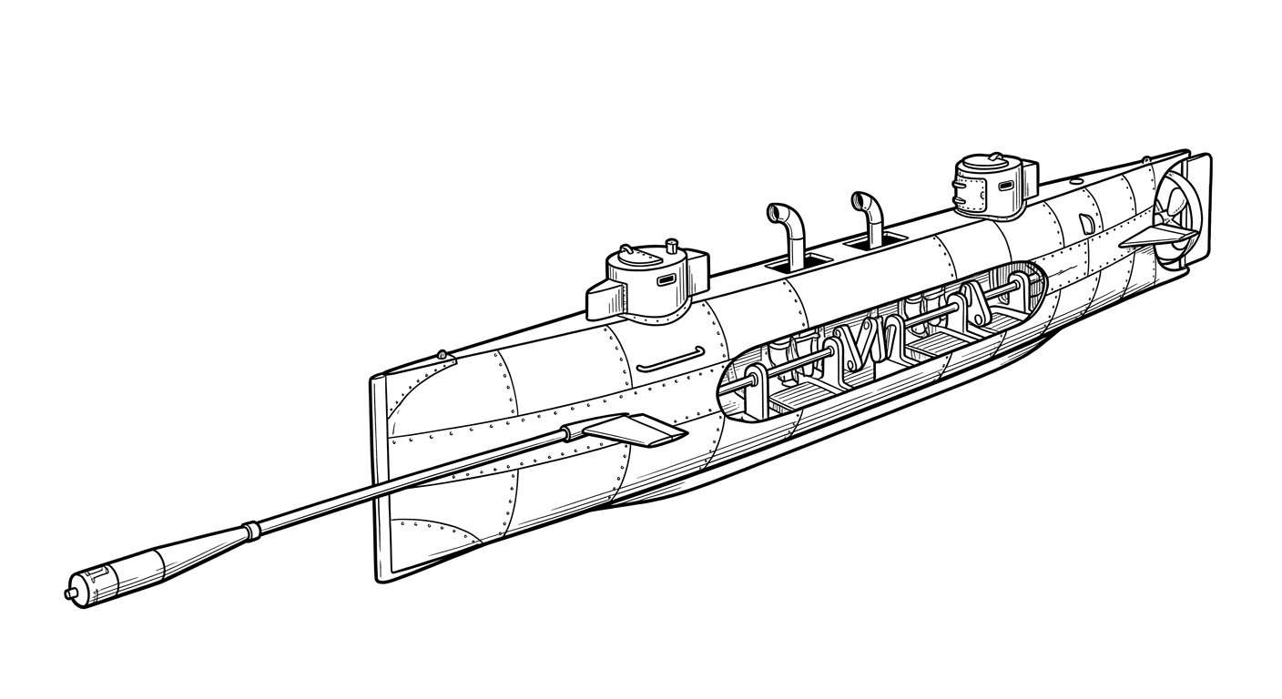 Engraved line drawing of the H. L. Hunley