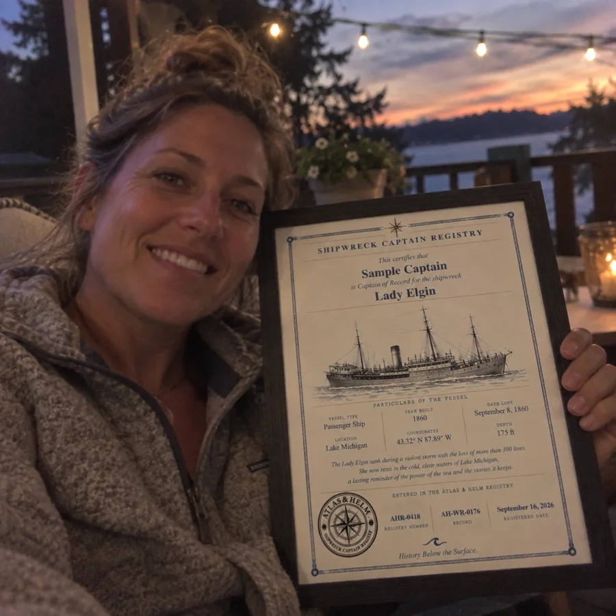Atlas & Helm Captain displaying a framed shipwreck certificate, portrait 17