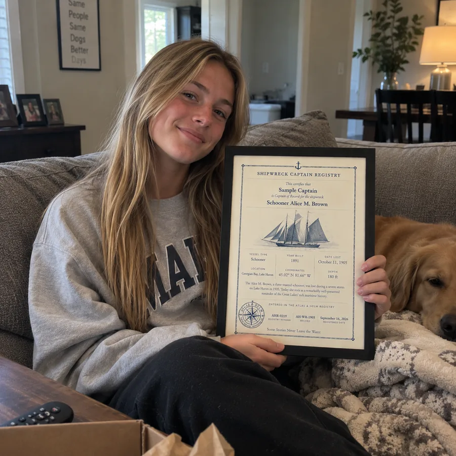Atlas & Helm Captain displaying a framed shipwreck certificate, portrait 31