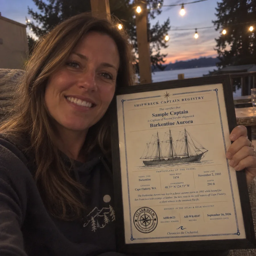 Atlas & Helm Captain displaying a framed shipwreck certificate, portrait 18