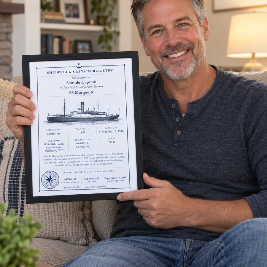 Atlas & Helm Captain displaying a framed shipwreck certificate, portrait 52