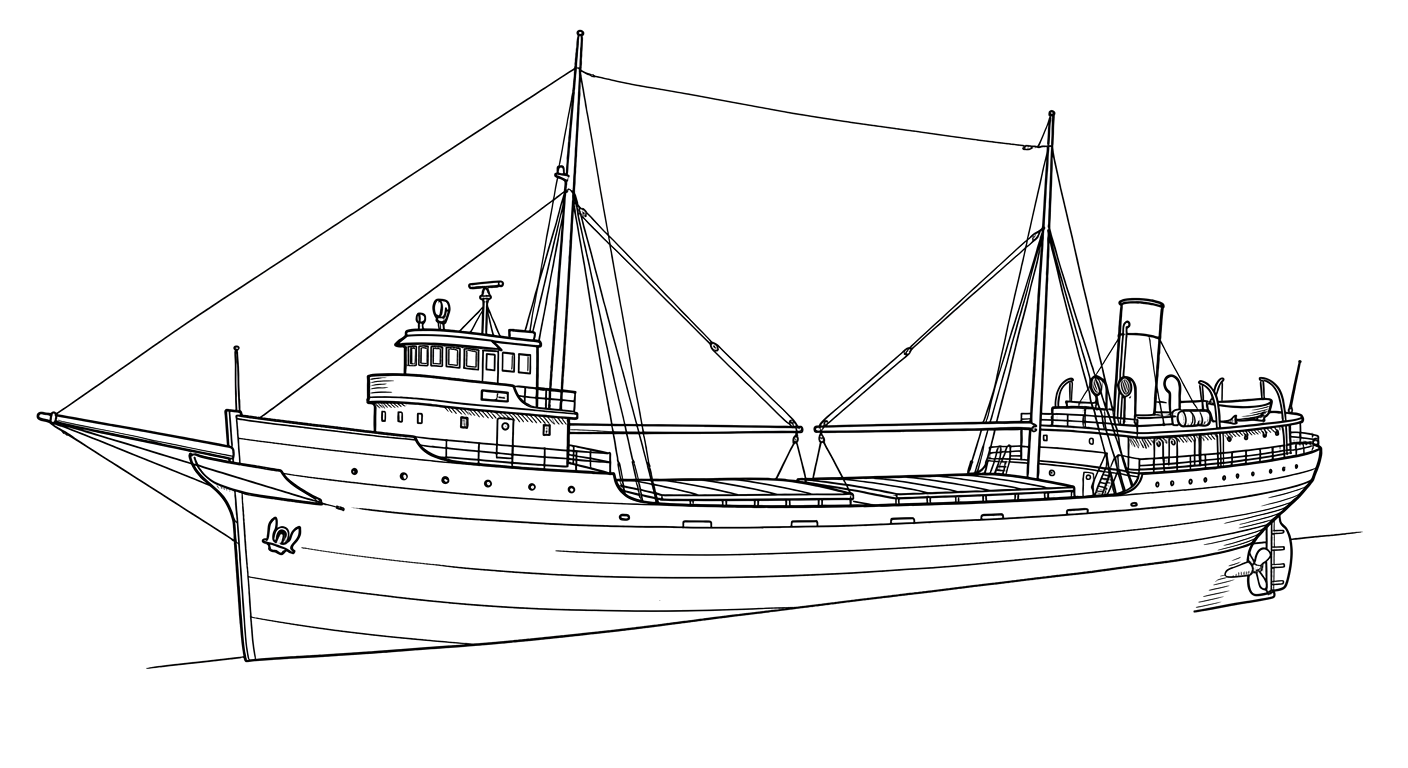 Engraved line drawing of the SS Ithaka