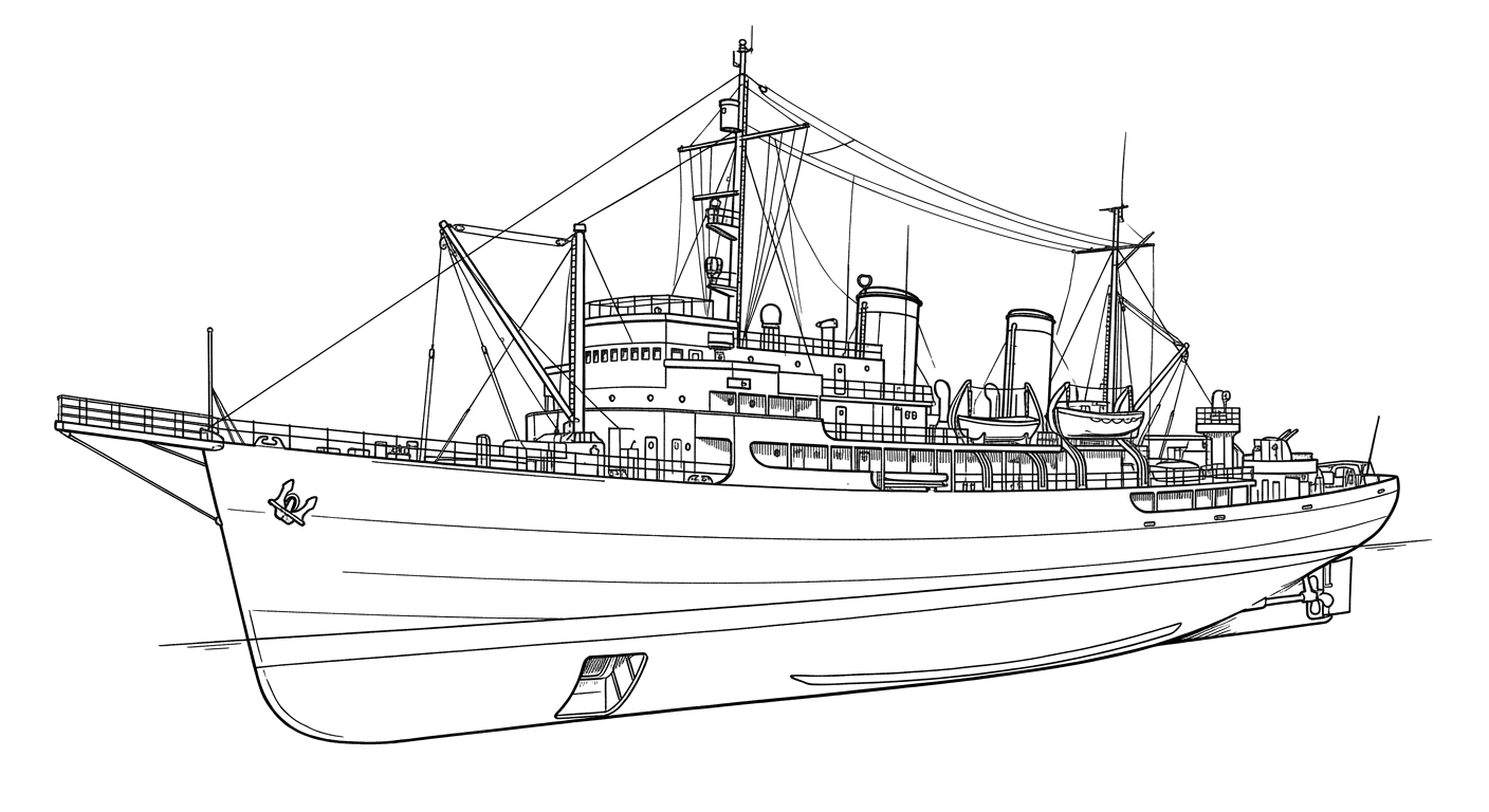 Engraved line drawing of the USS Kittiwake