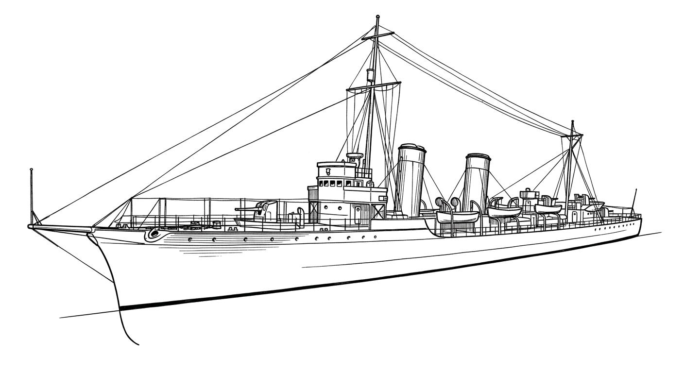 Engraved line drawing of the USS Worden