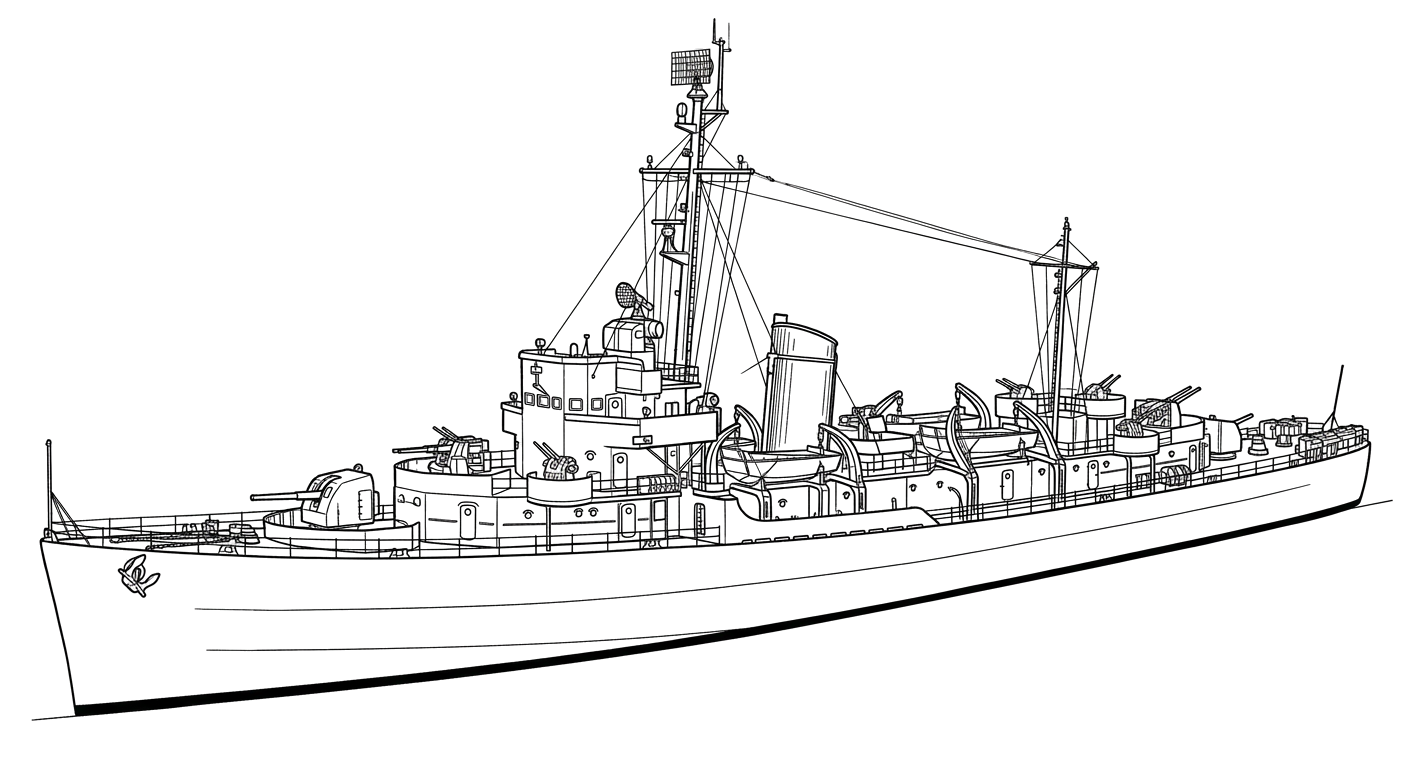 Engraved line drawing of the USS Amesbury