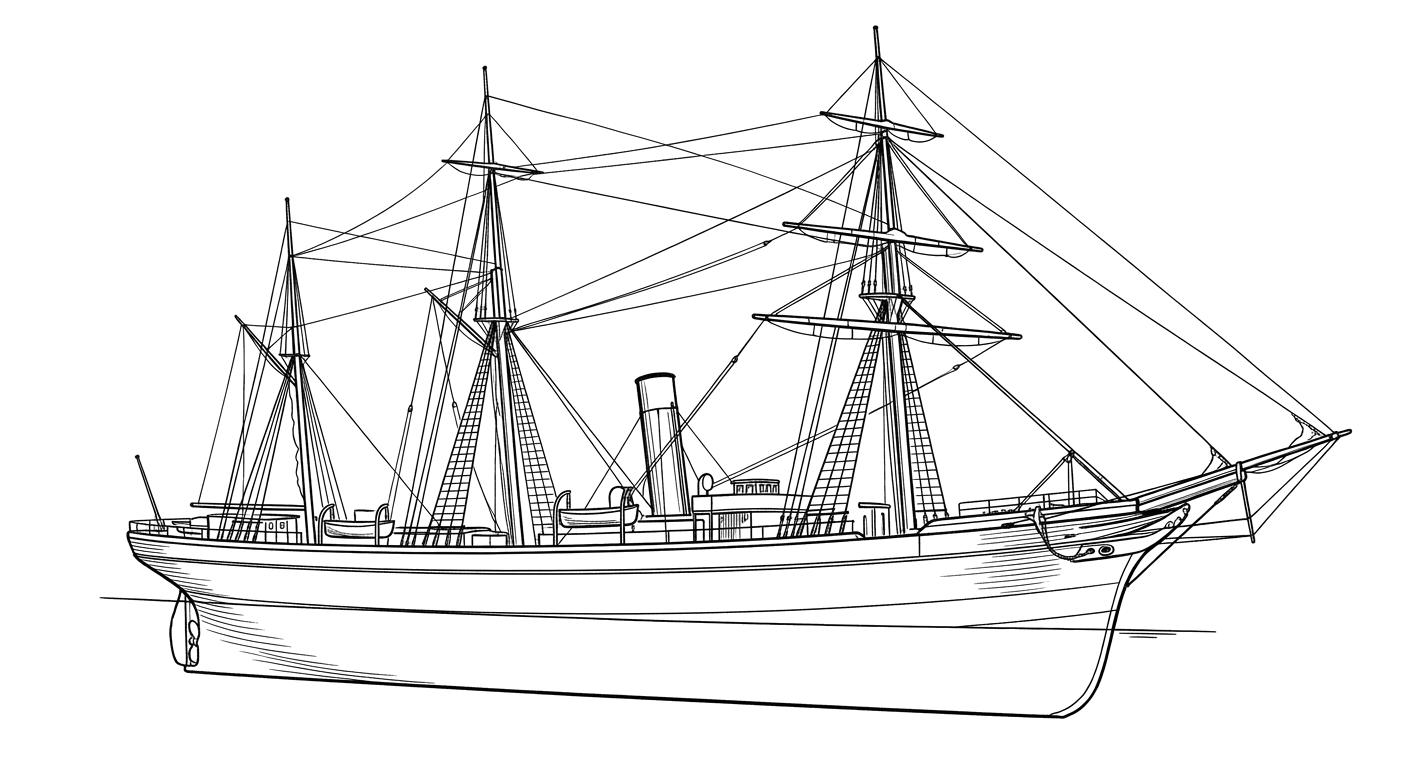 Engraved line drawing of the RMS Rhone