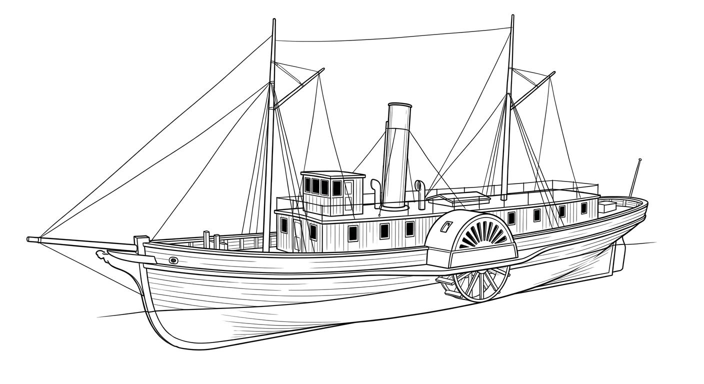 Engraved line drawing of the River Belle