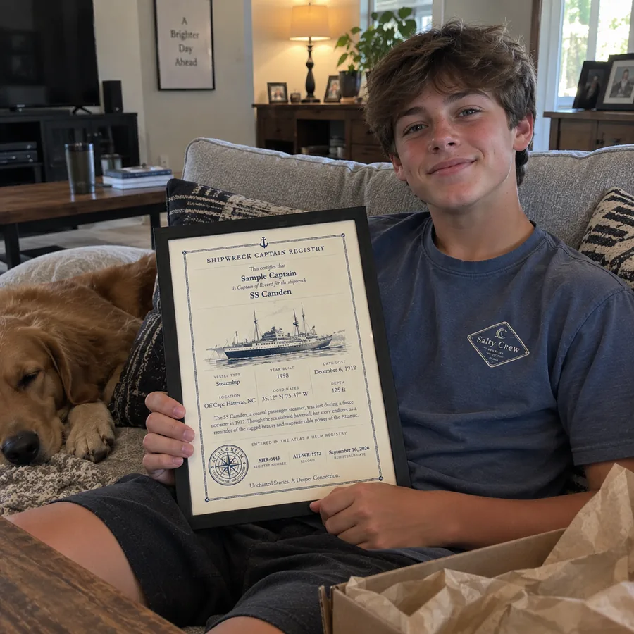 Atlas & Helm Captain displaying a framed shipwreck certificate, portrait 30