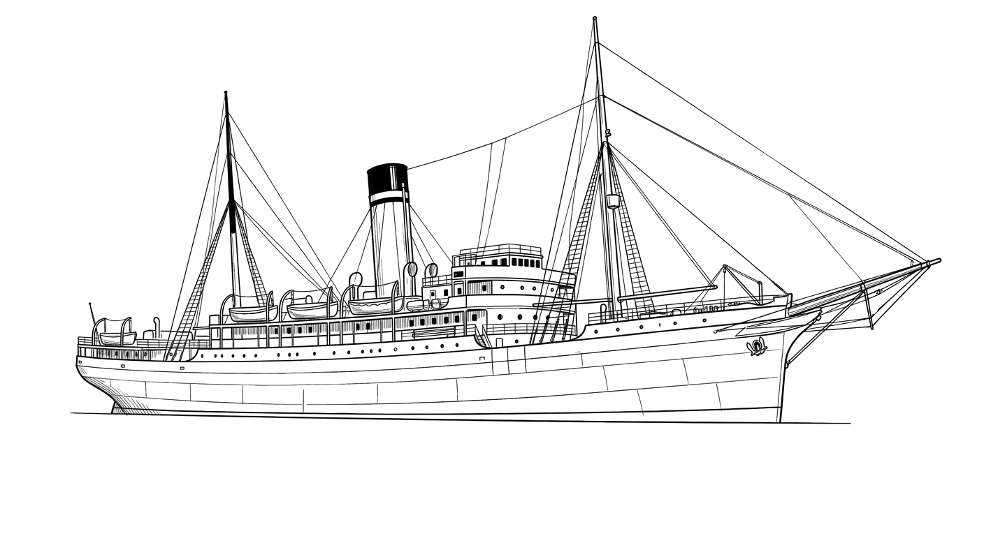Engraved line drawing of the SS Olympia