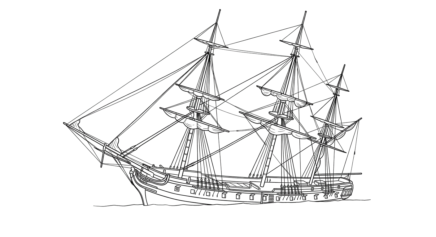 Engraved line drawing of the HMS Guadeloupe
