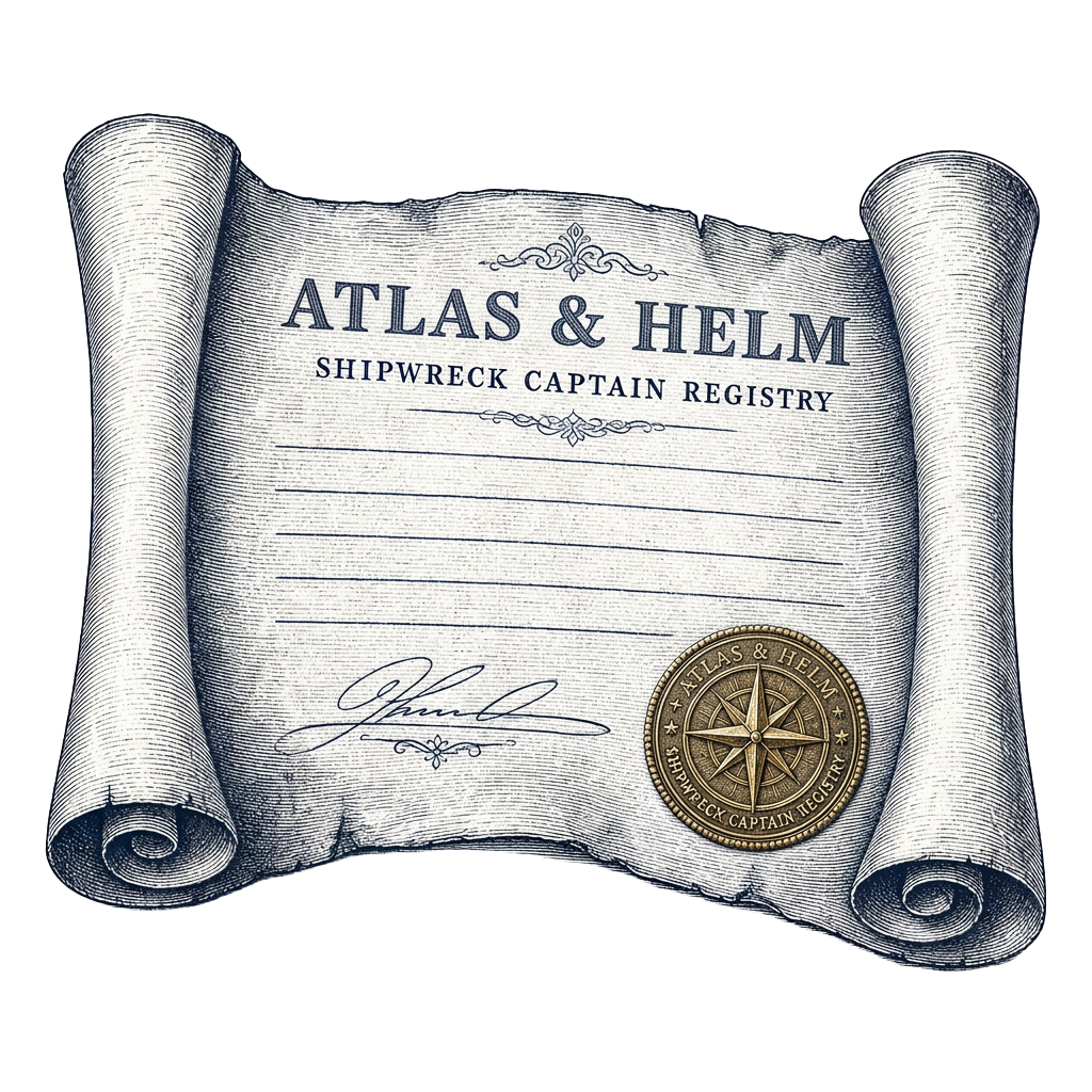 Engraved registry certificate scroll with a brass compass seal