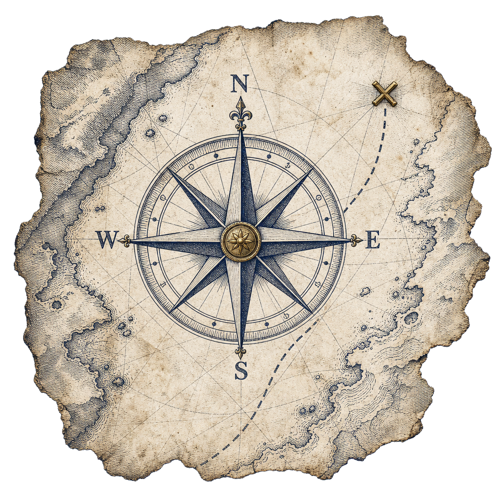 Engraved compass rose on an aged sea chart