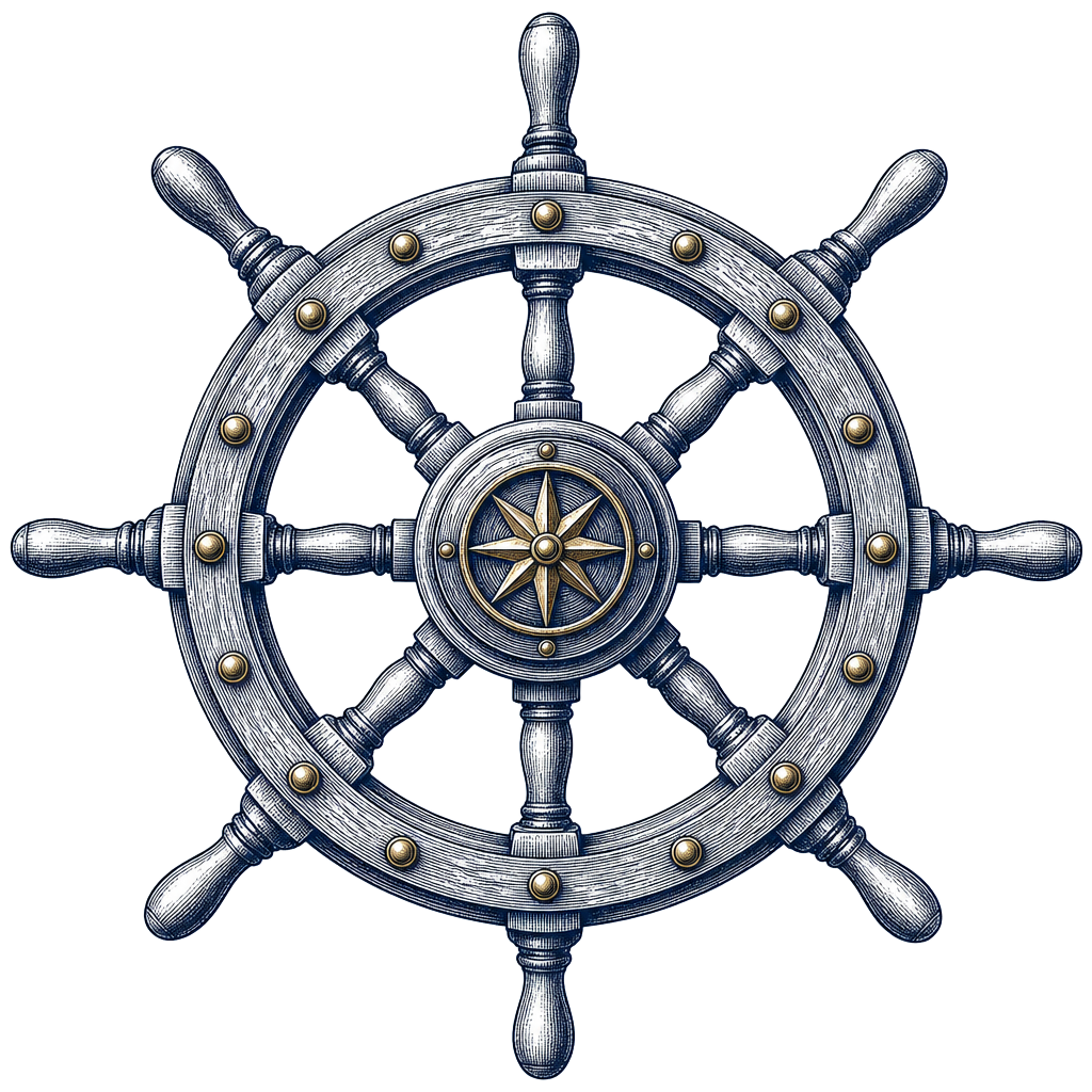 Engraved ship's wheel with a brass compass star at the hub